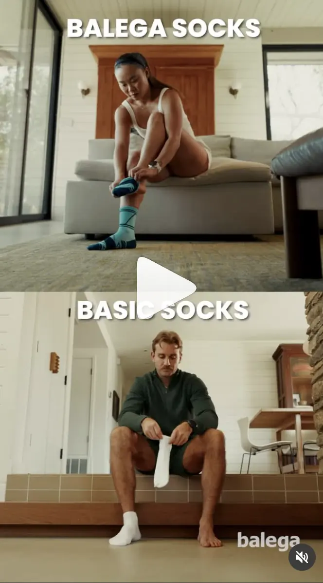 Balega ad comparing Balega socks with basic socks in a split screen.