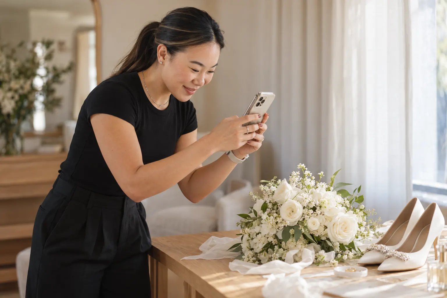 Lizzie photographing a white bridal bouquet and ivory heels on a wooden table with her phone.