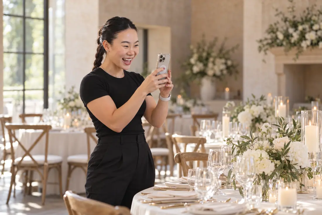Lizzie smiling as she films a reception table of white flowers and candles on her phone.